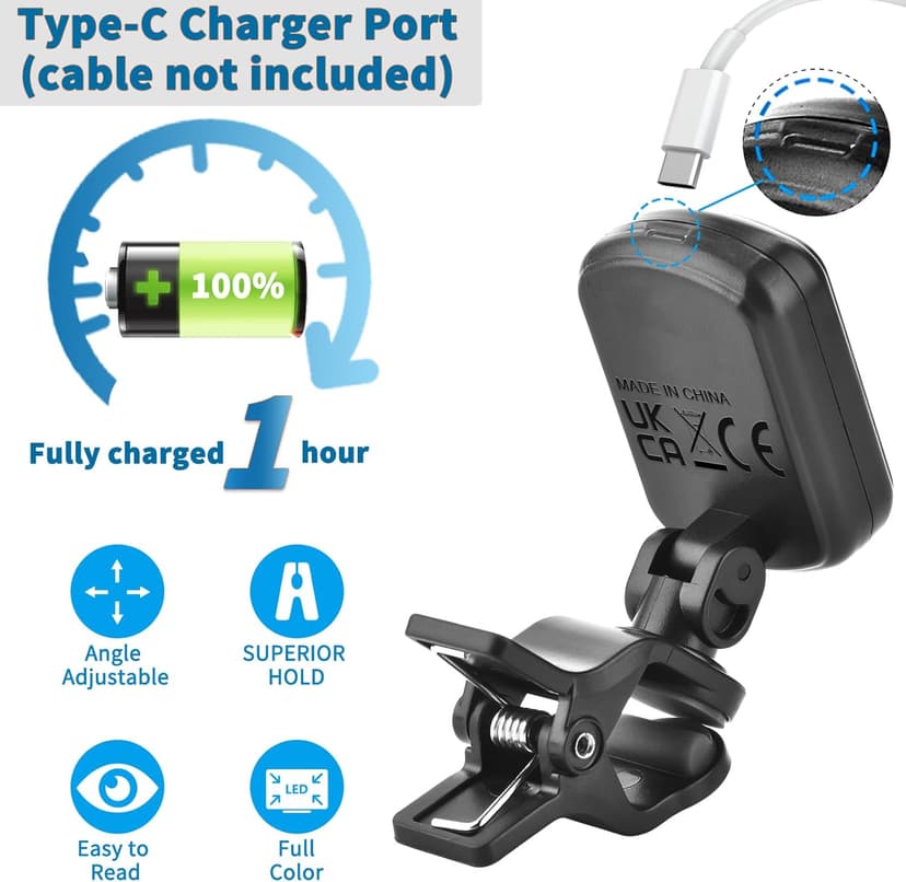 MOREYES Rechargeable Guitar Tuner Clip On with 28Pcs Guitar Picks, Guitar Tuner for Acoustic Guitar, Electric Guitar, Bass, Ukulele & Chromatic Tuning Modes, Full Color Display