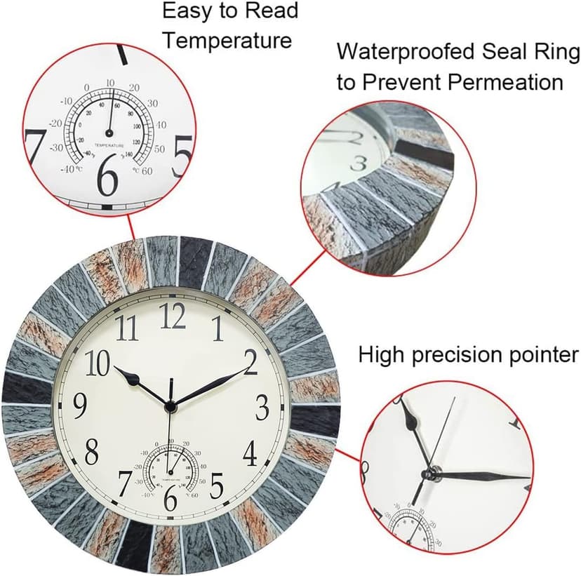 UMEXUS Outdoor Clock with Thermometer, 13 Inch Retro Large Waterproof Wall Clocks Indoor Silent Non-Ticking Battery Operated Weatherproof Decor for Garden Kitchen Bathroom Mother Gift