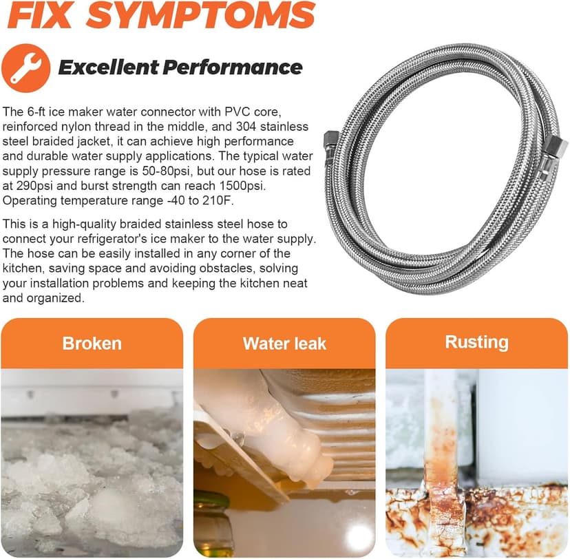 UPGRADE Ice Maker Water Connector Line by Beaquicy - 6 FT (72-Inch) Stainless Steel Braided Hoses with 1/4-in Compression x 1/4-in Compression