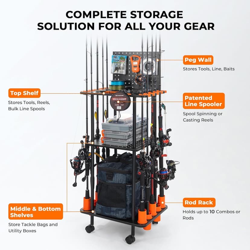 KastKing V10 Gear Trolley, Indoor Fishing Rod Holder for 10 Combos, 3-Tier Fishing Accessory Shelves With Peg Wall, Patented Built-in Line Spooler, Mobile Tackle Storage Cart With Locking Wheels