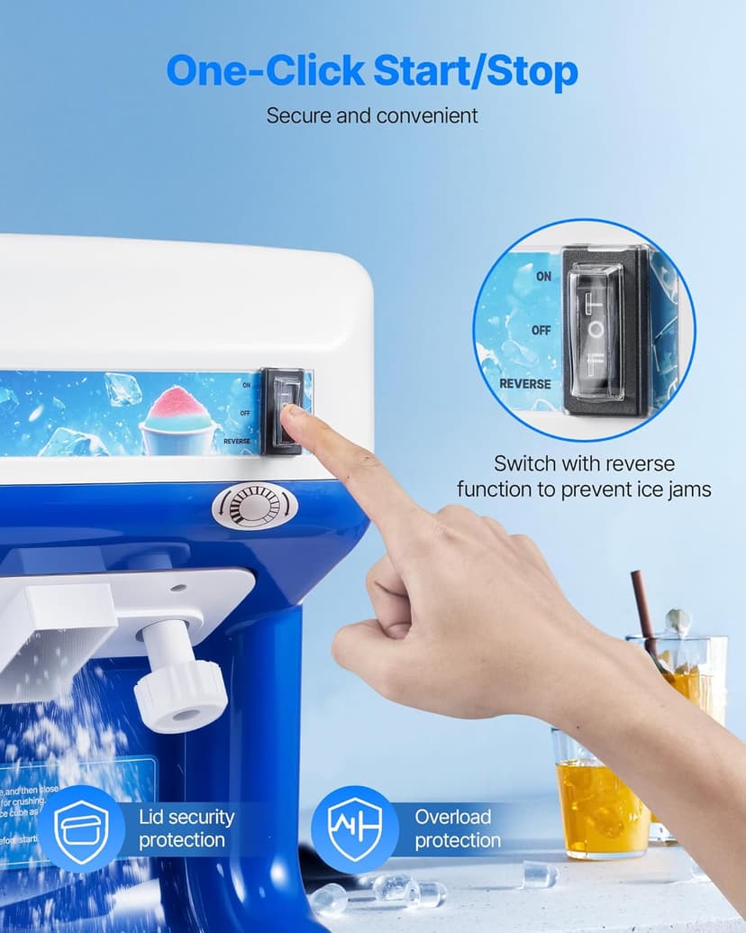 VEVOR Commercial Ice Shaver Crusher,286lbs Per Hour Electric Snow Cone Maker with 2L Ice Cube Box, 250W 1500RPM Tabletop Shaved Ice Machine for Parties Events Snack Bar, Home and Commercial Use (Blue)