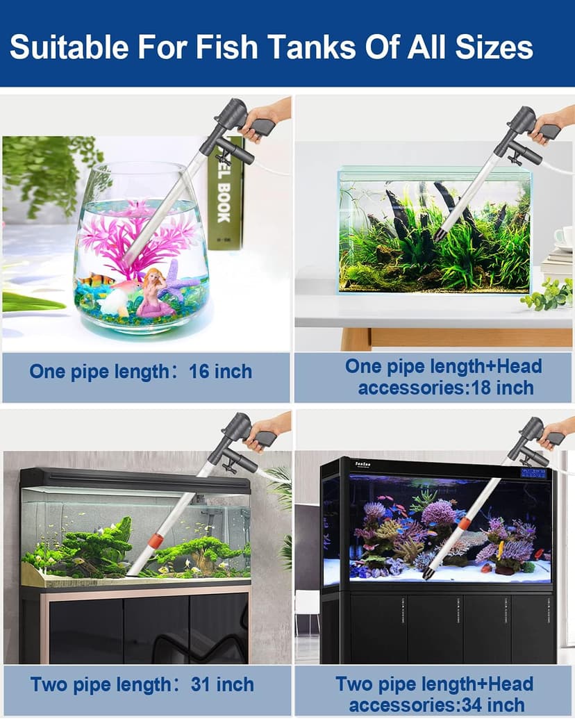 QZQ Aquarium Gravel Cleaner [2025 Edition] Vacuum Fish Tank Vacuum Cleaner Tools for Aquarium Water Changer with Aquarium Thermometers Fish Net kit Use for Fish Tank Cleaning Gravel and Sand