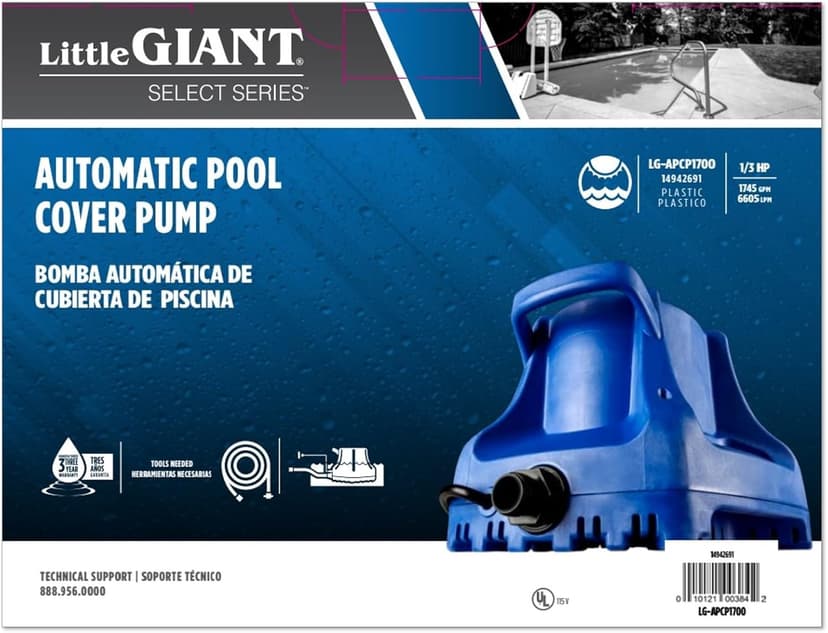 Little Giant Select Series LG-APCP1700 1/3 HP, 1745 GPH, Automatic, Submersible, Swimming Pool Cover Pump with 25-Ft. Cord, Dark Blue, 14942691