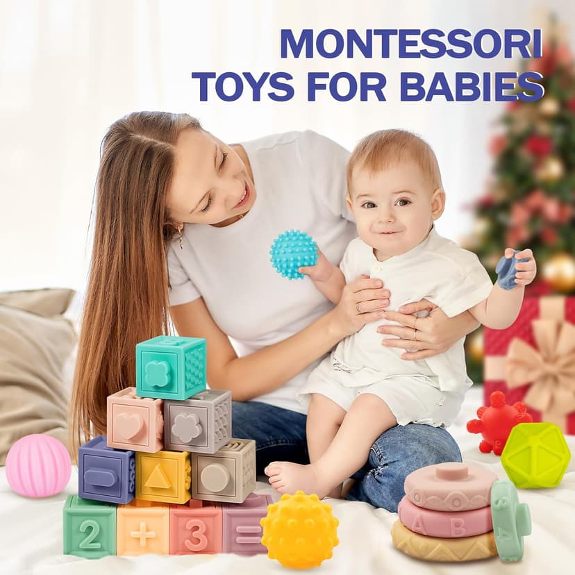 Jyusmile Baby Toys 6-12 Months, Montessori Toy for Babies 6-12 Months, Incl Stacking Building Blocks & Soft Infant Teething Toys & Sensory Balls for Toddlers 0-3-6-9-12 Month B0B2P5GK1Y