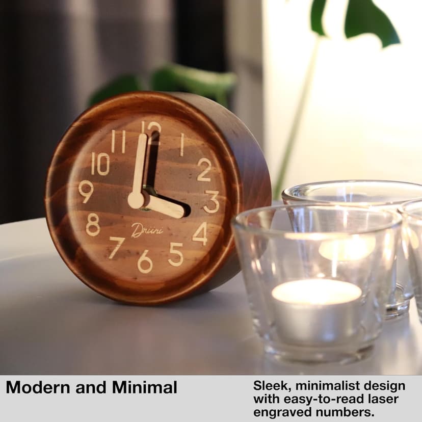 Driini Wooden Analog Desktop Clock – 4.3 in. Decorative Pinewood, No-Tick Design – Easy to Read Silent Sweep Mantle Clock – Quiet Tabletop Clocks with Wood Body, Hands, & Battery Cover; Dark