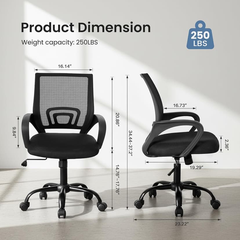DUMOS Home Office Chair - Ergonomic Mid Back Mesh Desk Chair with Lumbar Support & Rocking Mode, Height Adjustable with Fixed Armrest, for Computer, Gaming, Meeting, 360° Swivel, Black