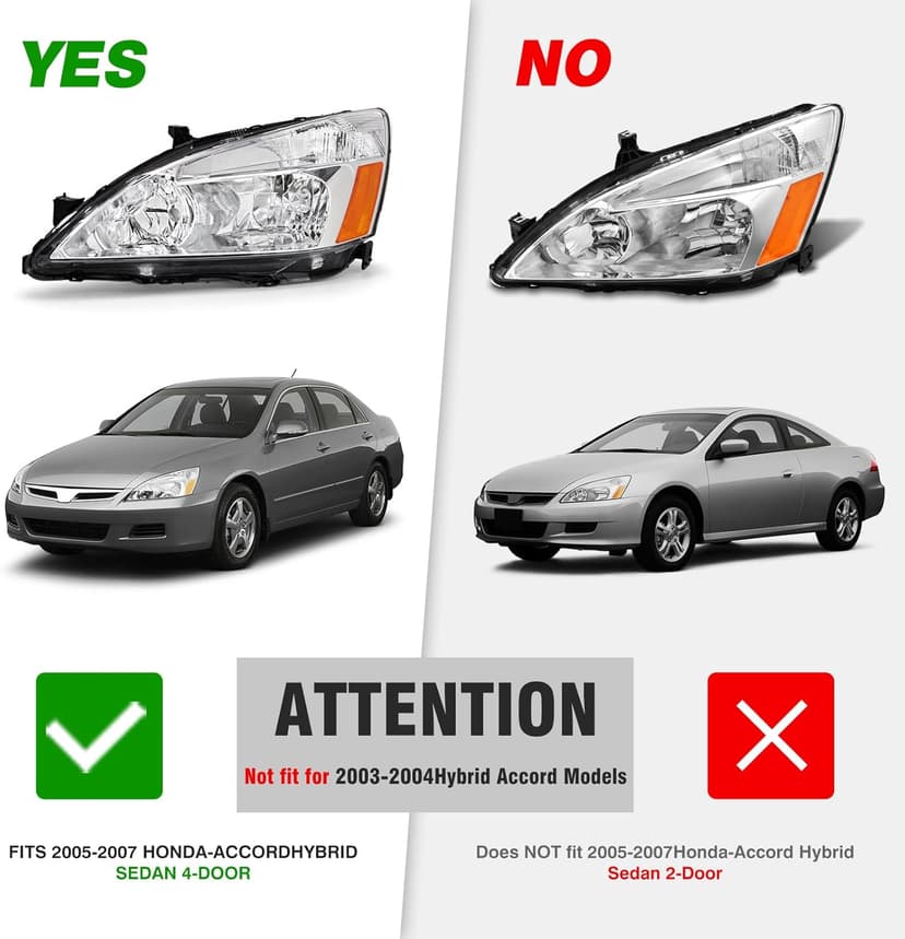 2003 2004 2005 2006 2007 Accord Headlight Assembly for 2003-2007 Honda Accord 2/4dr Clear Lens Chrome Housing with Amber Reflector Headlamp Replacement Left and Right Pair（W/O Bulbs）