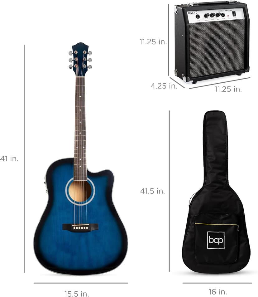 Best Choice Products Beginner Acoustic Electric Guitar Starter Set w/ 41in, All Wood Cutaway Design, Gig Bag, Strap, Picks - Blue