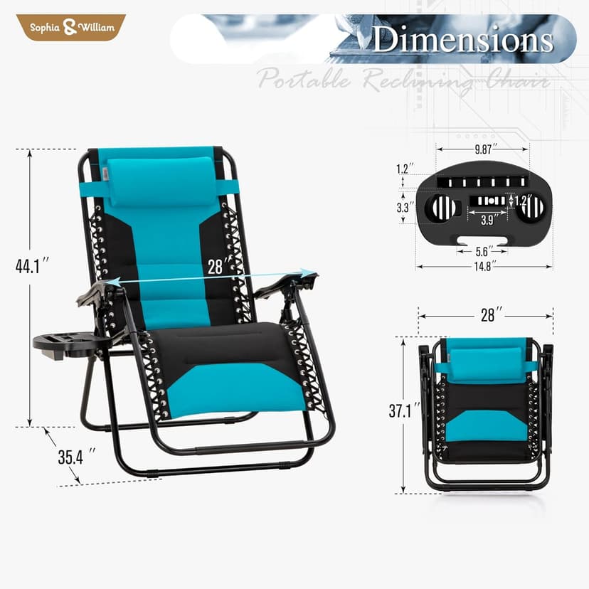 Sophia & William Oversized Zero Gravity Chair Set of 2 Padded, Folding Lounge Chair with Wide Armrest and Cup Holder, Support 400 LBS, Aqua Blue
