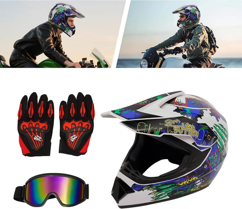 Adult Motocross Dirt Bike Helmet, Motorcycle Helmet Dirt Bike Motocross for Motocross, BMX, MX, UTV, Snowmobile, Go Kart, Racing, Skateboard, ATV Helmet, Goggles and Gloves