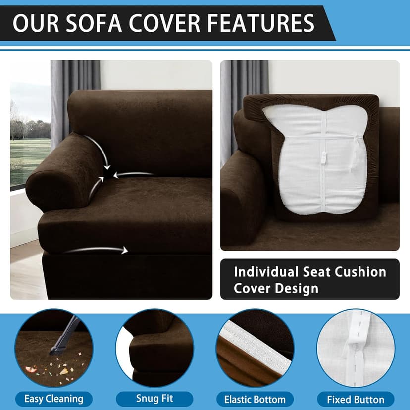Pfrstuv 4-Piece T Couch Cover - Leather Look Slipcovers for 3 Cushion Sofa, Washable, Coffee