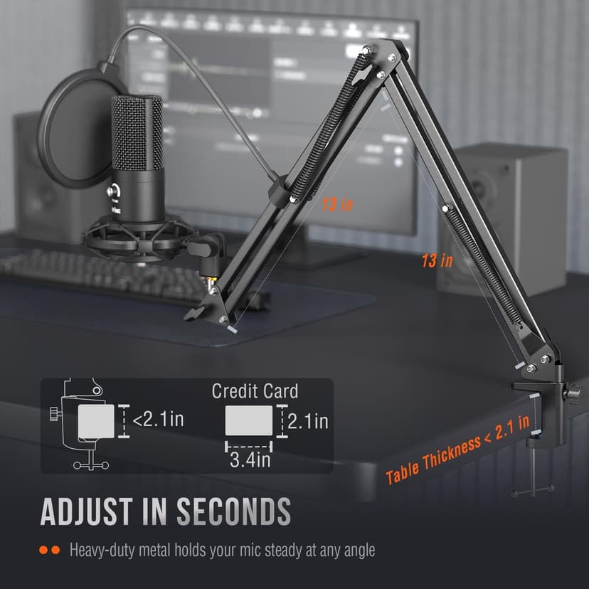 FIFINE Studio Condenser USB Microphone Computer PC Microphone Kit with Adjustable Boom Arm Stand Shock Mount for Instruments Voice Overs Recording Podcasting YouTube Vocal Gaming Streaming-T669