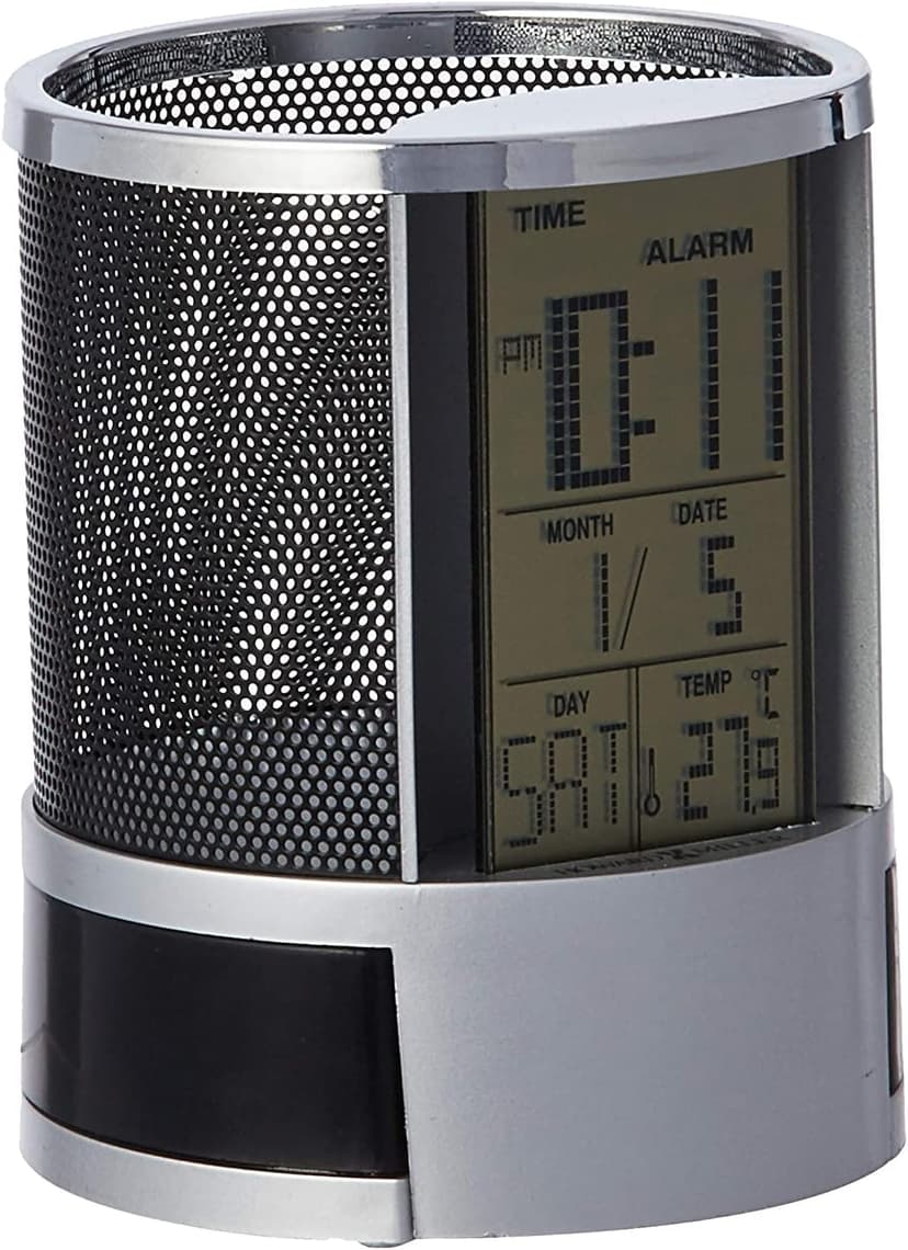 Howard Miller Desk Mate Tabletop Clock with Storage Compartment, LCD Display, Pen Holder, Snooze Function, Temperature Display, LED Light Table Clock for Home Office, Desk & Bedroom Use