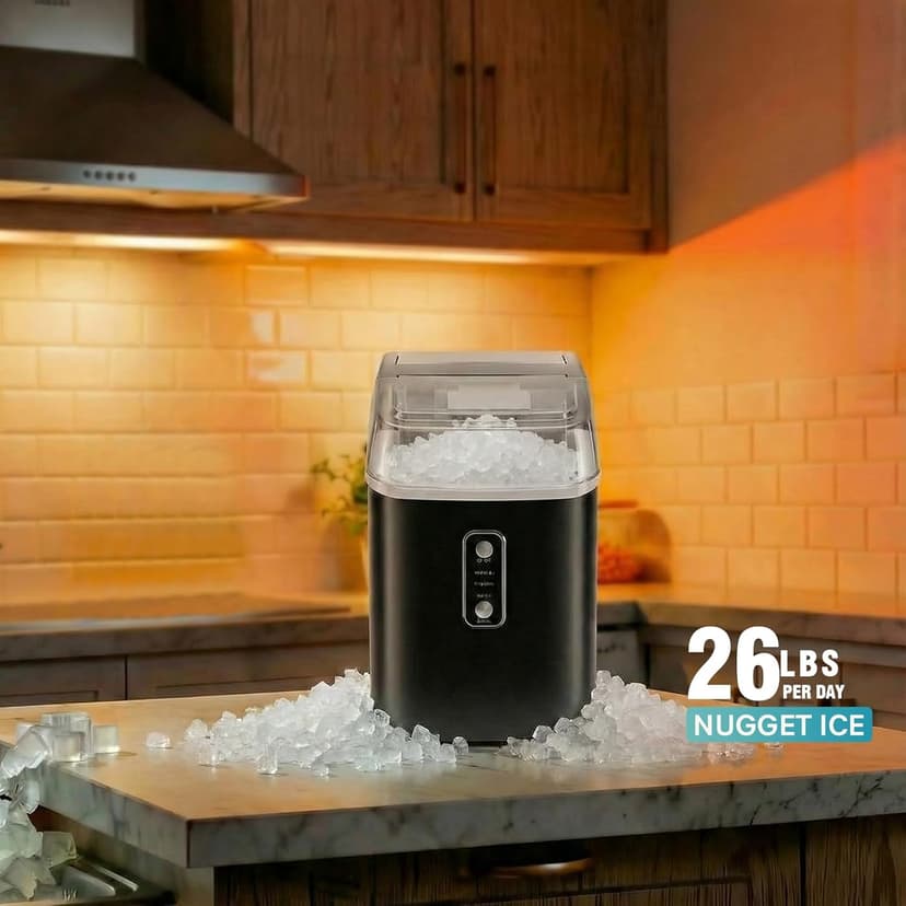 NEWBULIG Nugget Ice Makers Countertop, Portable Nugget Ice Machine, Ready in 6 Mins, 24lbs in 24Hrs, Auto-Cleaning, with Basket and Scoop, for Home, Kitchen, RV, Camping, Black
