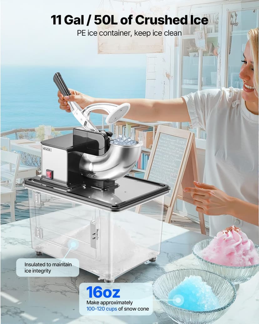 VEVOR Commercial Ice Crusher 661LBS/H, 350W Electric Snow Cone Machine with 4 Blades, 2000RPM Stainless Steel Shaved Ice Machine with 11 Gal Crushed-Ice Box, for Family Restaurants Bars, Black