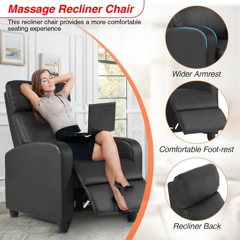 FDW Recliner Sofa Massage Chair Home Theater Seating with Lumbar Support and Padded Backrest for Living Room and Bedroom (Leather, Black)