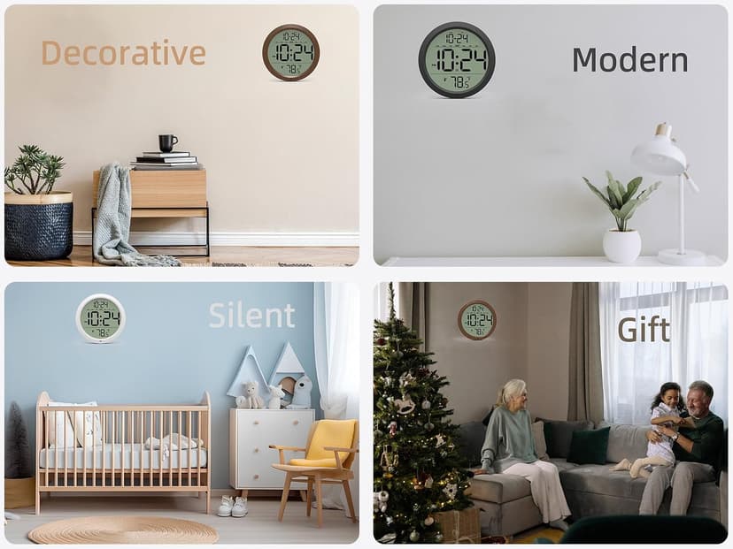 Digital Wall Clock with Date, Indoor Temperature, Auto-DST, Battery-Operated Digital Clock, 8 Inch Small Decorative Wood Wall Clock for Bedroom, Living Room, Kitchen, Office, Modern, Electric, Simple