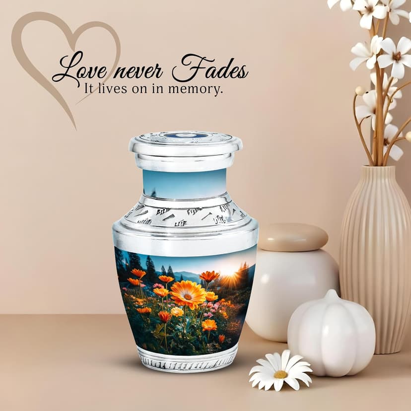 Orange Floral Memorial Urn for Ashes - Cremation Urn for Male & Female Ashes - Burial Urns for Mom Dad - Funeral for Human Remains Men & Women - Memorial Gift - Small Keepsake 3 Inch B0FT8MXB2T