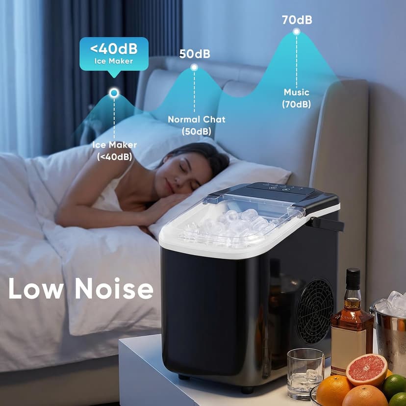 NEWBULIG Ice Maker, Countertop Ice Machine with Handle, 9 Bullet Cubes in 6~8 Mins, 26lbs Daily, Self-Cleaning with Basket and Scoop for Home/Kitchen/Camping/RV