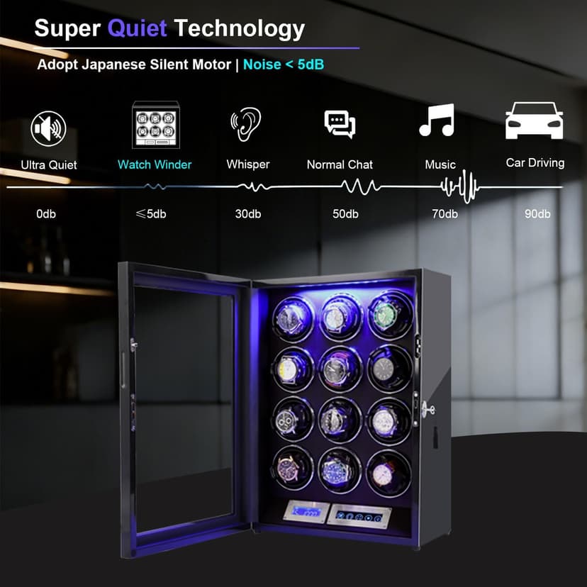 Watch Winders for 6/9/12 Slots Automatic Watches,Ultra-Quiet Japanese Motors, Built-in LED Illumination,LCD Display,Touchscreen Control