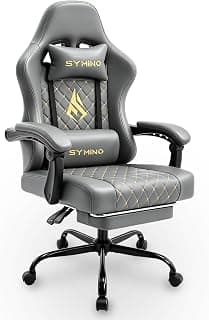 Symino Gaming Chair with Footrest, Linkage Armrests & 10cm Thick Seat, PU Leather Ergonomic Computer Chair, 150° Recline Office Chair, Grey
