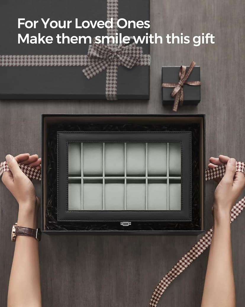 SONGMICS SONGMICS Watch Box, 12-Slot Watch Case Organizer with Large Glass Lid, Removable Pillows, Gift for Loved Ones, Black Synthetic Leather, Gray Lining UJWB12BK