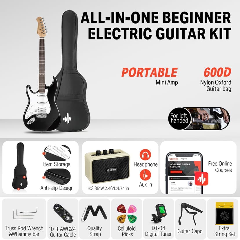 Donner 39 Inch Left-Handed Electric Guitar Kit Solid Body Black Lefty Beginner Set Full-Size with Amplifier Online Lesson Bag Digital Tuner Capo Strap String Cable Picks DST-100BL