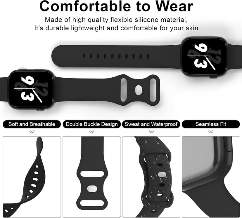 Sport Band Compatible with Apple Watch 38mm 40mm 41mm 42mm 44mm 45mm 46mm 49mm, Replacement Soft Silicone Strap Wristbands for iWatch Series 10/9/8/7/6/5/4/3/2/1 Ultra SE Women Men, Black