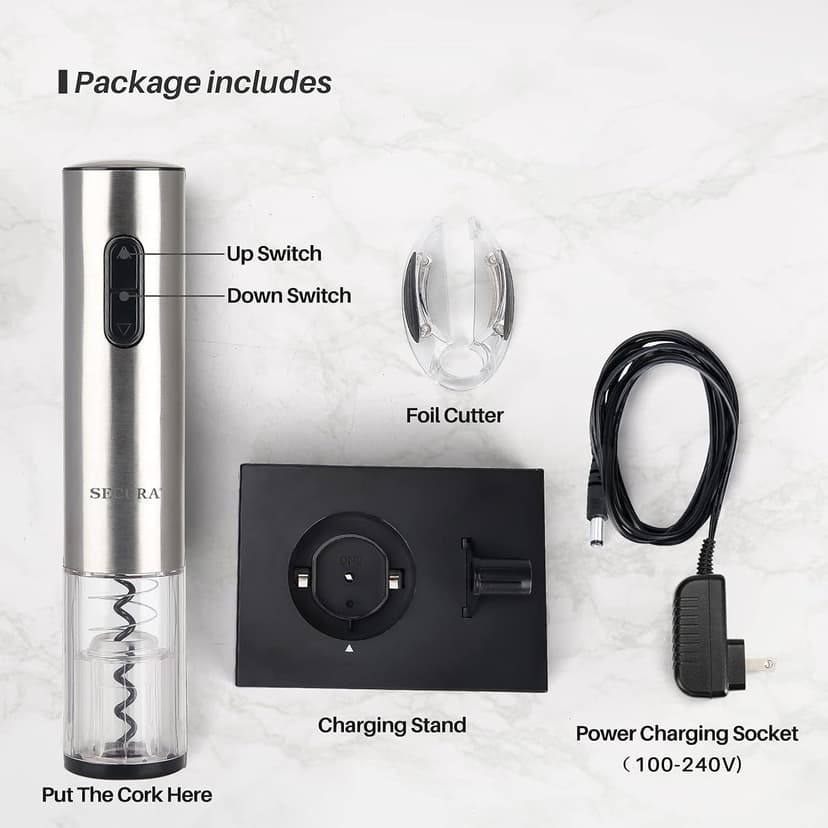 Secura Electric Wine Opener, Automatic Electric Wine Bottle Corkscrew Opener with Foil Cutter, Rechargeable (Stainless Steel) B01261VEOG