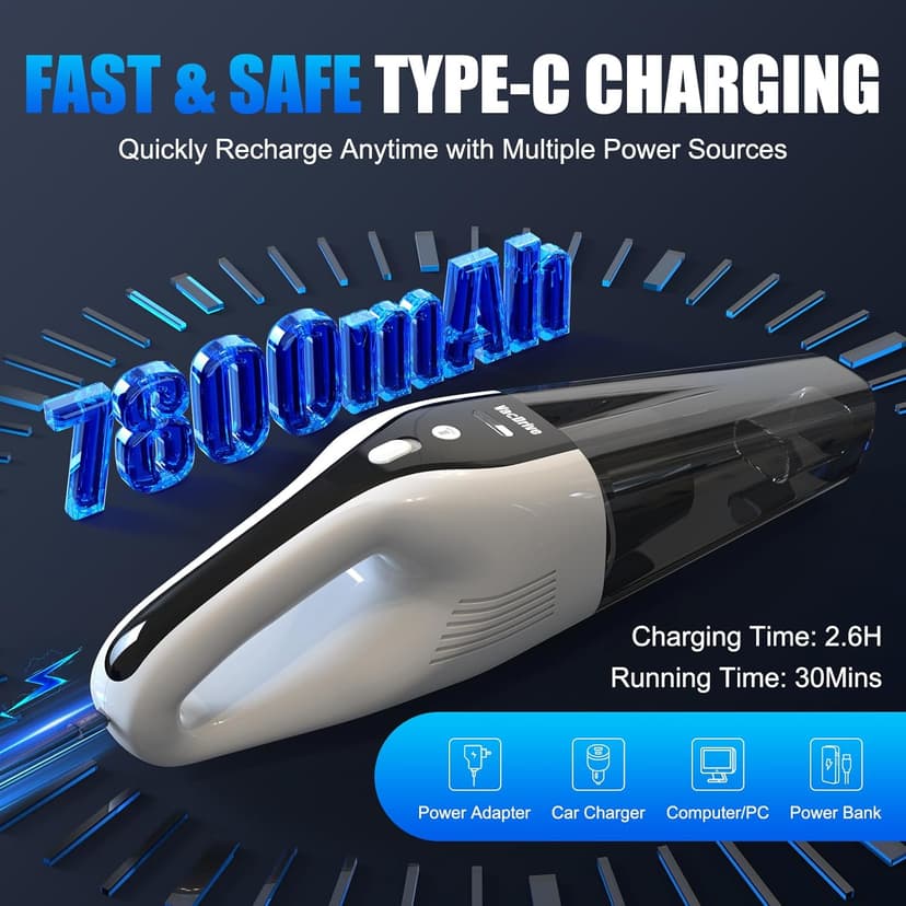 VACDRIVE Car Vacuum Handheld Cordless Car Vacuum Cleaner for Drivers, Office, Home & Pet Hair, with True Brushless Motor, Ultra-Strong Suction, Rechargeable Battery&Big Dust Cup, Type-C Fast Charging