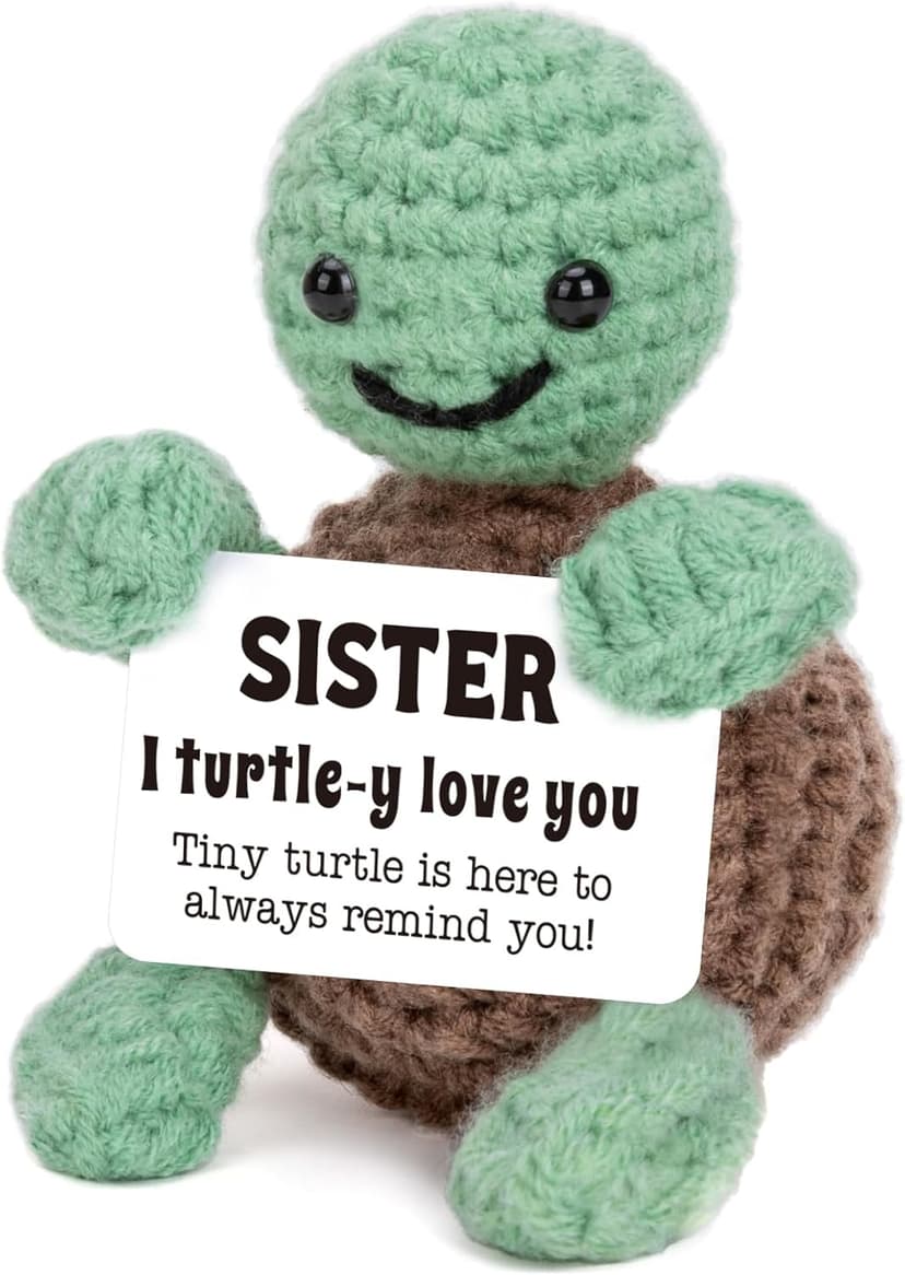 Mini Funny Turtle Sister Gifts Birthday, Soul Sister Friend Gifts for Women Girls Presents, I Love You Small Cute Stuff Things, Handmade Emotional Positive Crochet Turtle