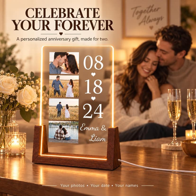 Personalized Couple Gifts, Custom Acrylic Photo Plaque with 4 Photos, Names & Date, Anniversary Keepsake with Wooden Base, Birthday Gifts for Wife, Husband, Girlfriend or Boyfriend B0HJZ6XZV6