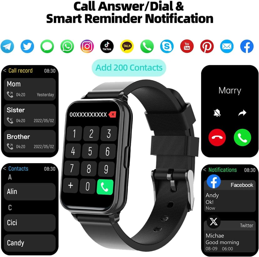 Smart Watch Fitness Tracker Make/Answer calls for Women Men with Heart Rate Blood Oxygen Sleep Monitor Sports Modes Step Calorie Counter IP68 Waterproof for Android Phones iPhone (Rectangle, Black)