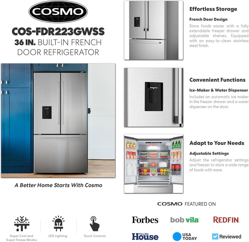 COSMO COS-FDR223GWSS 36 in. Lumin Collection 22.4 cu. ft. Counter Depth French Door Refrigerator, Water Dispenser, Ice Maker, Stainless Steel