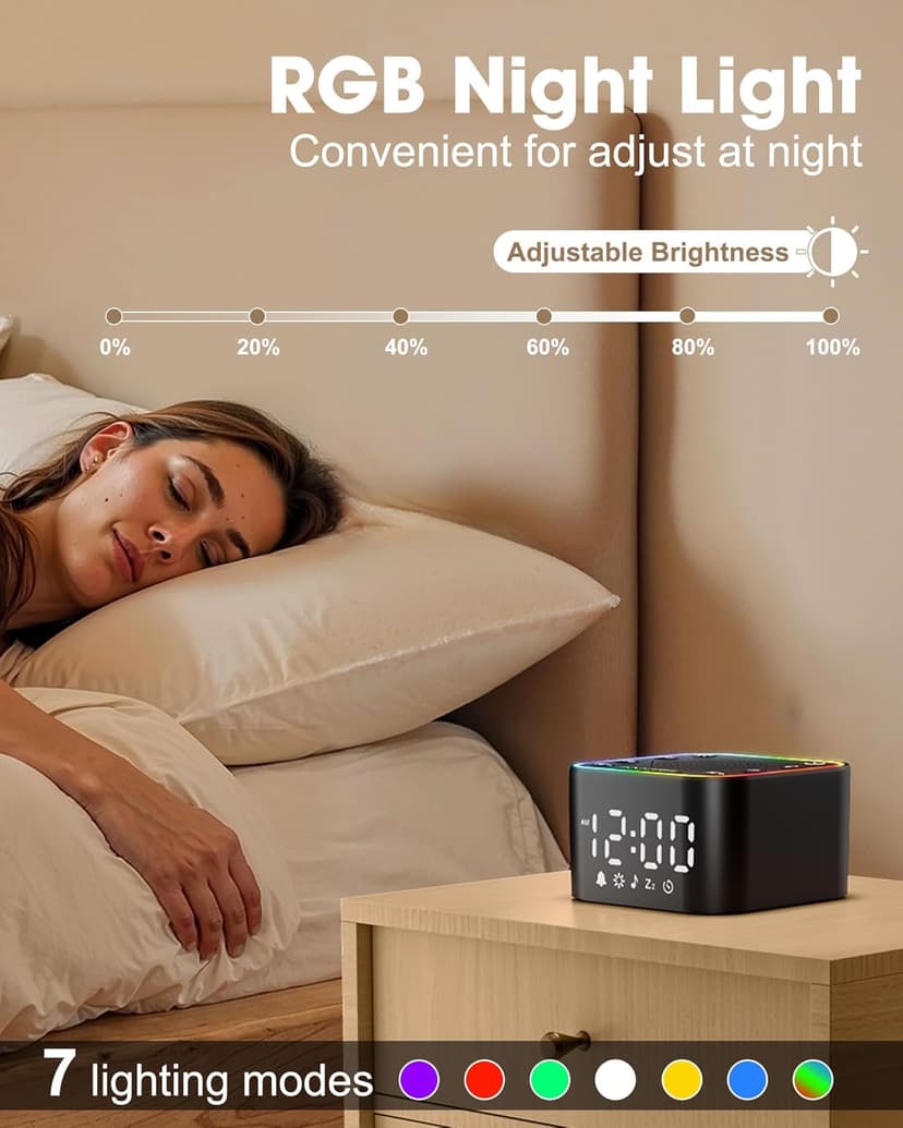 Alampan White Noise Sound Machine with Alarm Clock, 30 Soothing Sounds, Noise Machine for Sleeping, RGB Night Light, Digital Clock, Adults, for Bedside, Nightstand, Including Fan, Rain, Bird, Ocean