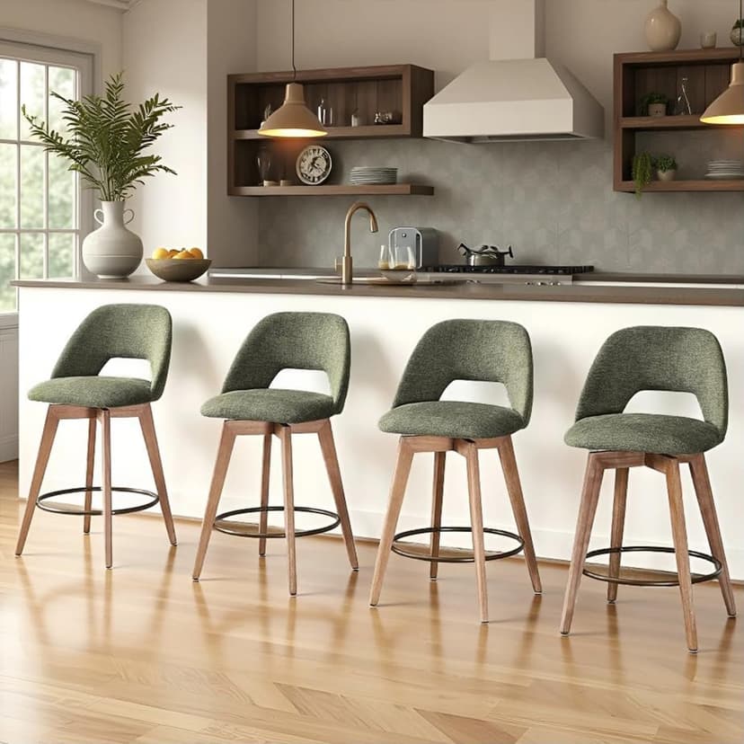 Zesthouse Swivel Farmhouse Bar Stools Set of 4, 26" Modern Counter Stools with Open Back & Natural Wood Legs, Upholstered Linen Fabric Counter Height Barstools, High Chairs for Island Kitchen, Green