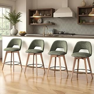 Zesthouse Swivel Farmhouse Bar Stools Set of 4, 26" Modern Counter Stools with Open Back & Natural Wood Legs, Upholstered Linen Fabric Counter Height Barstools, High Chairs for Island Kitchen, Green