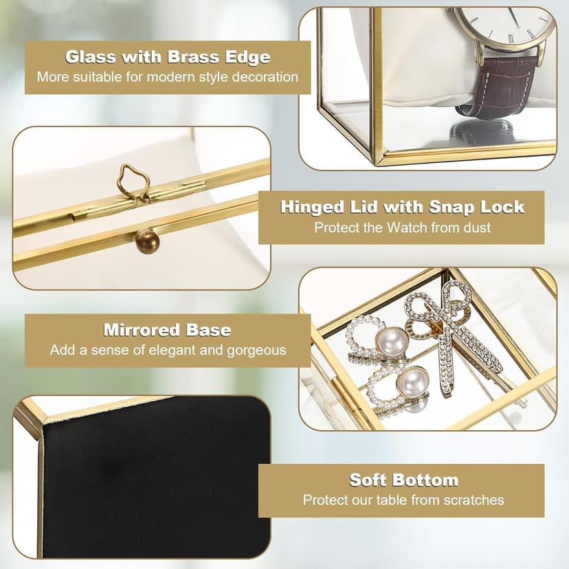 JUXYES JUXYES Clear Glass Watch Display Case with 3 Slots, Luxury Brass Glass Watch Organizer Holder Stand with White Watch Pillow, Modern Transparent Watch Collection Box for Men and Women, Gold