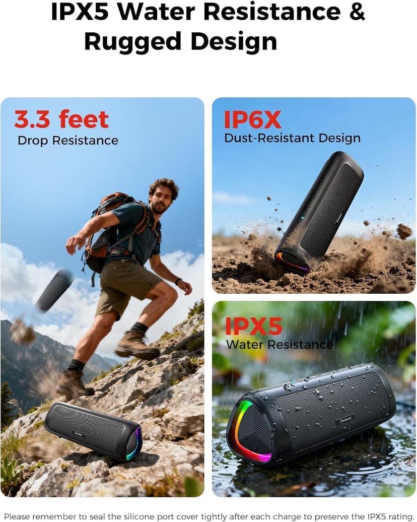 Bluetooth Speaker with HD Sound, Portable Wireless, IPX5 Waterproof, Up to 20H Playtime, TWS Pairing, BT5.3, for Home/Party/Outdoor/Beach, Stocking Stuffers, White Elephant Gifts for Adults (Black)
