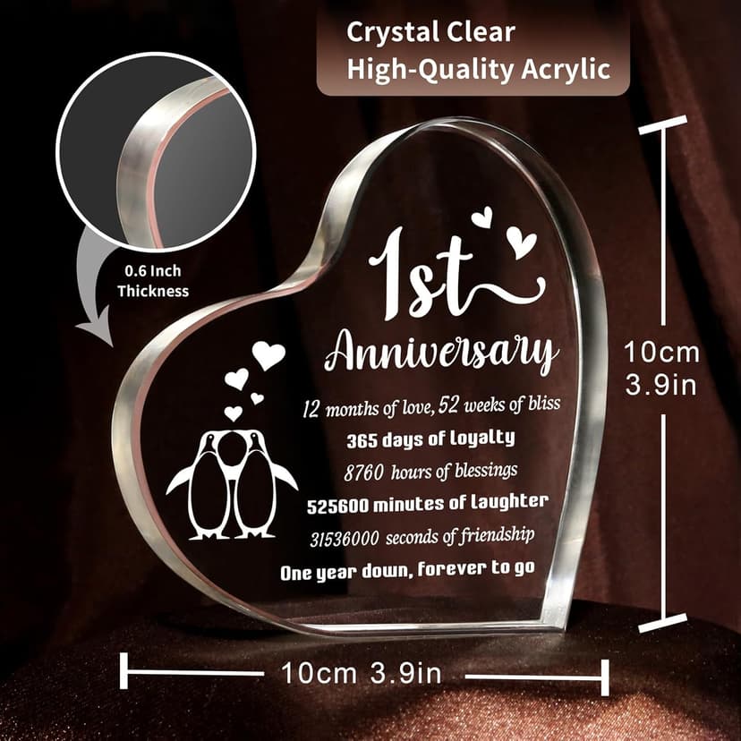 1 Year Anniversary Wedding Gifts for Boyfriend Girlfriend, One Year 1st Anniversary Romantic Gifts for Him Her, Heart Shaped Acrylic Block for Couple Husband Wife, Penguin Keepsake