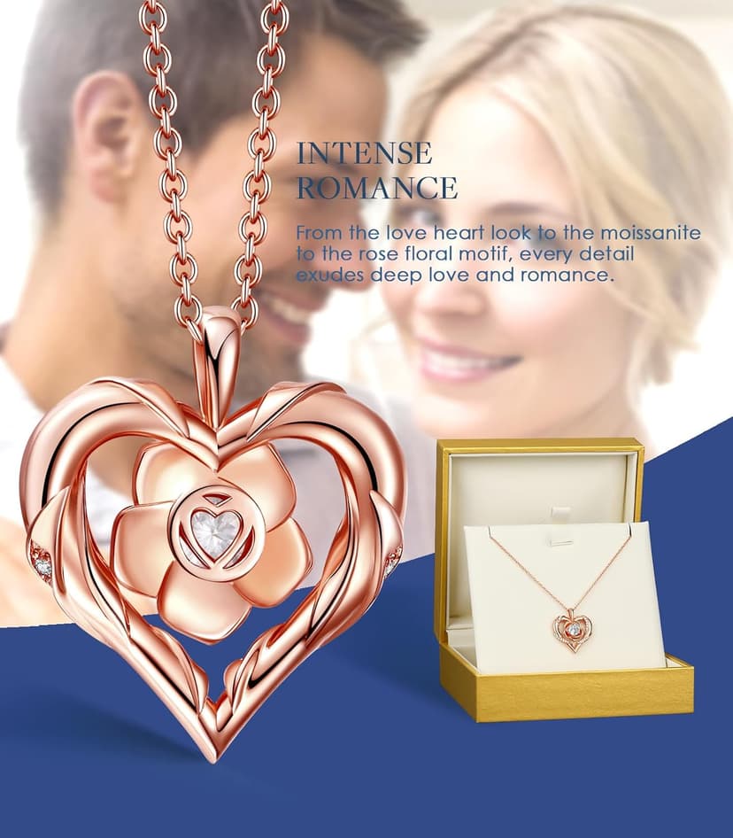 Rose Flower Heart Moissanite Necklaces for Wife, S925 Silver Pendant for Women, 18K Gold Plated Jewelry for Her Girlfriend Mom for Anniversary Birthday