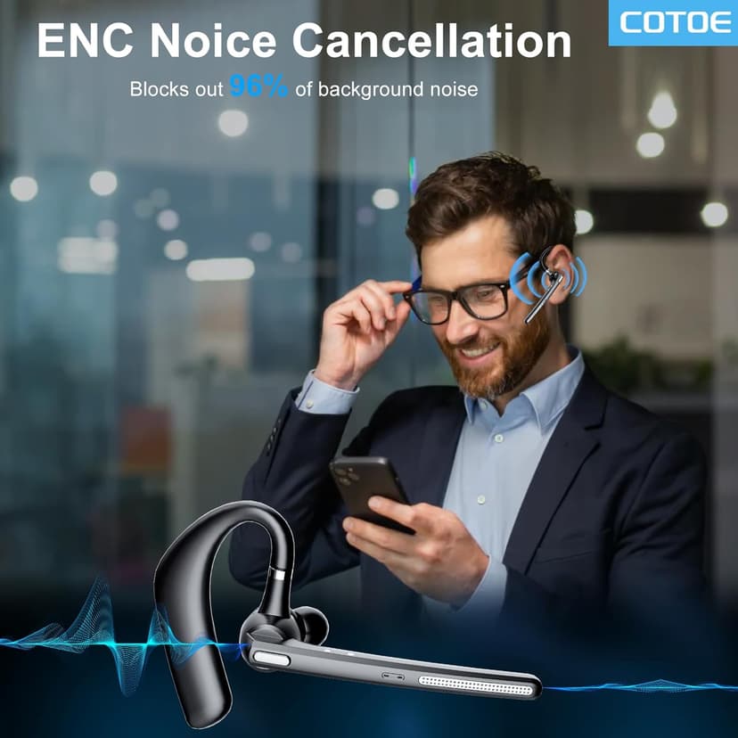 COTOE Bluetooth Headset V5.3, Wireless Earpiece with 500mAh Charging Case Hand-Free Headphones Noise Canceling Mic for Office/Driving/Business,Black