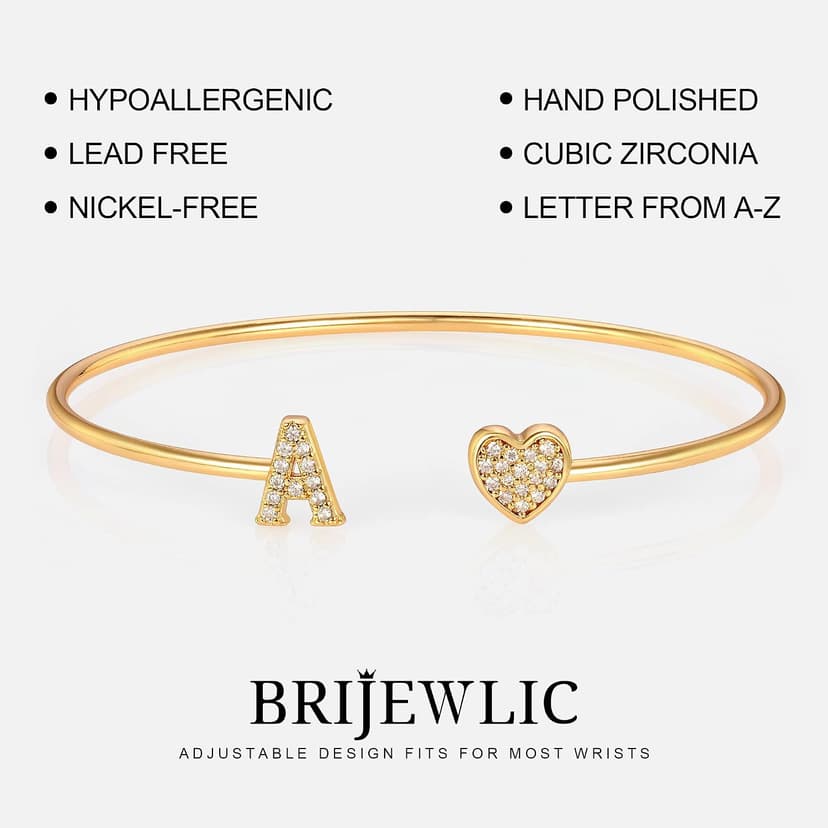 Adjustable Open Cuff Bracelet, Dainty Letter Jewelry, Daughter Sister Bridesmaid Friend, Birthday Christmas Graduation Gift Gold Bracelets for Women Teen Girls, 14K Gold Plated Initial Heart Bangle B0BN2VW1K4