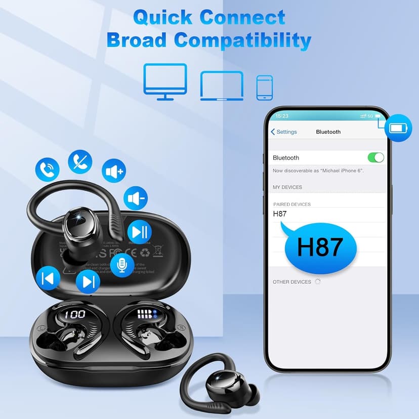 Hupoaf Wireless Earbuds Sport, New Bluetooth 5.4 Headphones with Earhooks, 50H Stereo Deep Bass Over Ear Buds with 4 ENC Noise Canceling Mics, IP7 Waterproof Earphones for Running Workout Gym -Black