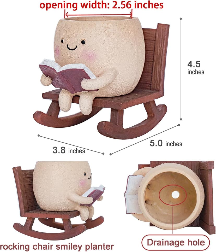 Rocking Chair Smiley Face Planter,Cute Plant Pots for Indoor Outdoor Plants,Succulent Pots with Drainage Hole,Unique Funny Flower Pot for Succulents,Plant Gifts for Mother's Day, Birthday, Christmas B0F59W5CR2