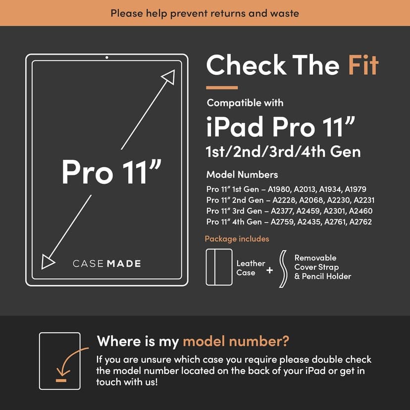 Casemade Real Leather Case Compatible with iPad Pro 11” 1st/2nd/3rd/4th Gen (2018/2020/2021/2022) - Full-Grain Leather Cover, Auto Sleep/Wake, Dual Stand Position (Tan)