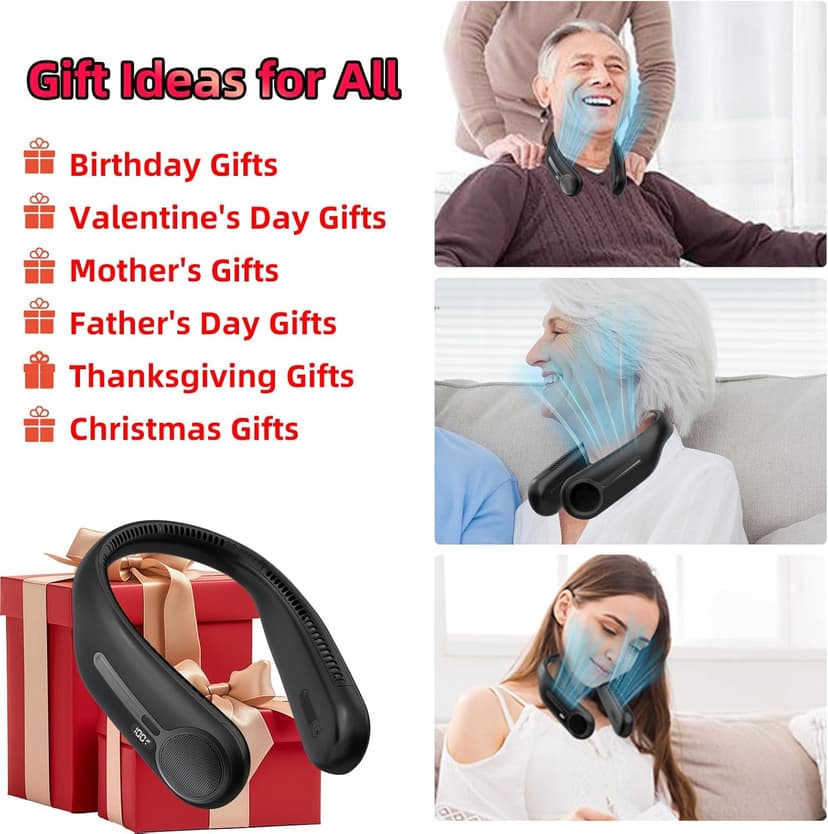 Portable Neck Fan,Gift Ideas,Personal Wearable Bladeless Fan,360° Cooling,LED Display,4-Speeds,6000mAh Rechargeable,Powerful Wind,Outdoor Travel Camping,Birthday Gifts for Men Women Dad Mom (Black)