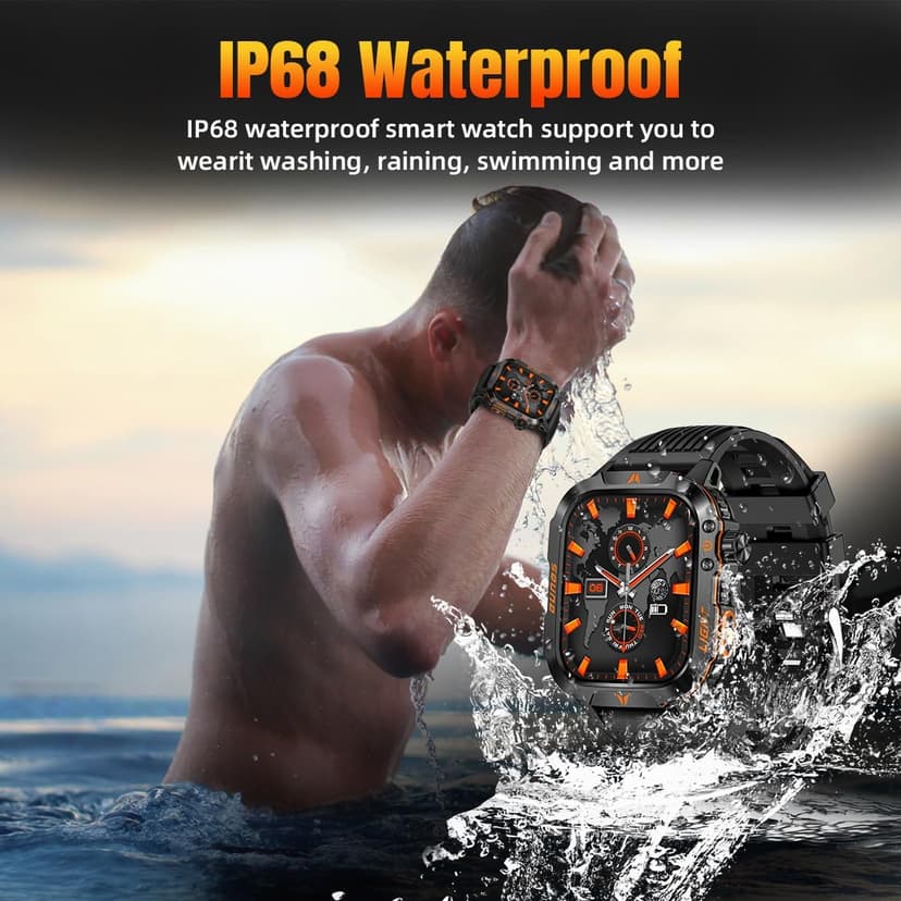 Military Smartwatch for Men, LED Flashlight Bluetooth Call IP68 Waterproof Heart Rate Blood Oxygen Sleep Tracker Fitness Pedometer Android iOS Compatible - Ideal for Hunting Hiking Extreme Sports