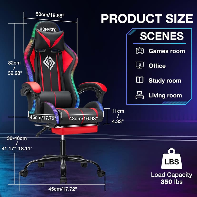 RGB Gaming Chair with Bluetooth Speakers and LED Lights Ergonomic Massage Computer Game Chair with Footrest High Back Music Video Game Chair with Lumbar Support Red and Black