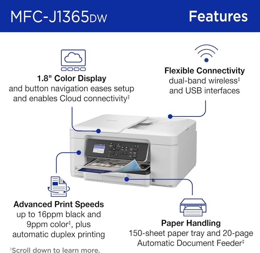Brother INKvestment 1365 Wireless Color Inkjet All-in-One Printer with Automatic Duplex Printing and 1.8” Color Display | Includes Refresh Subscription Trial(1) (MFC-J1365DW)
